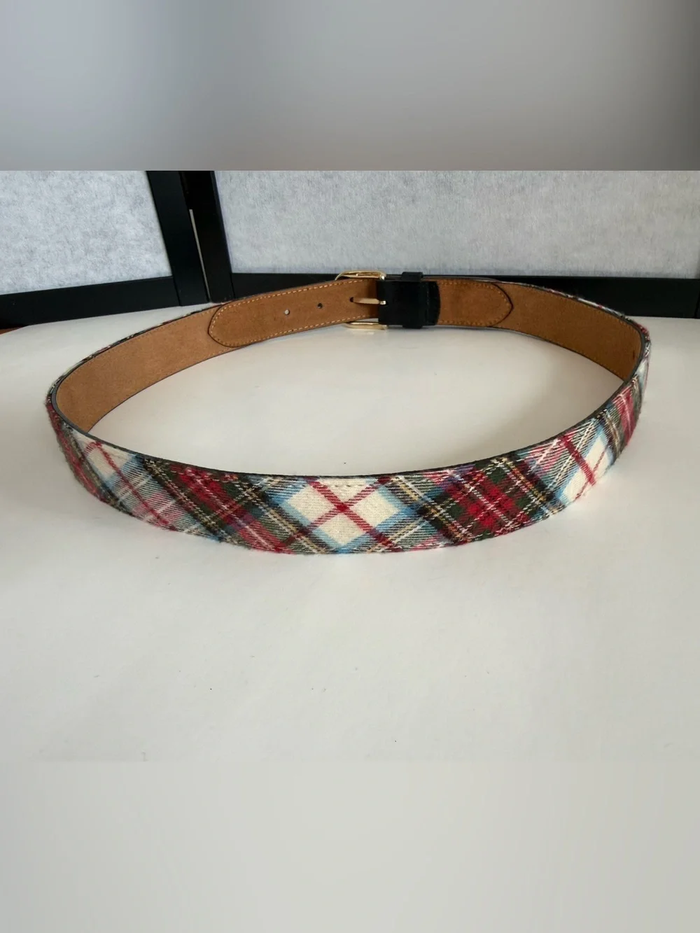 L.L.Bean Stewart Tartan Plaid with Black Leather Club Belt Medium USA Made
